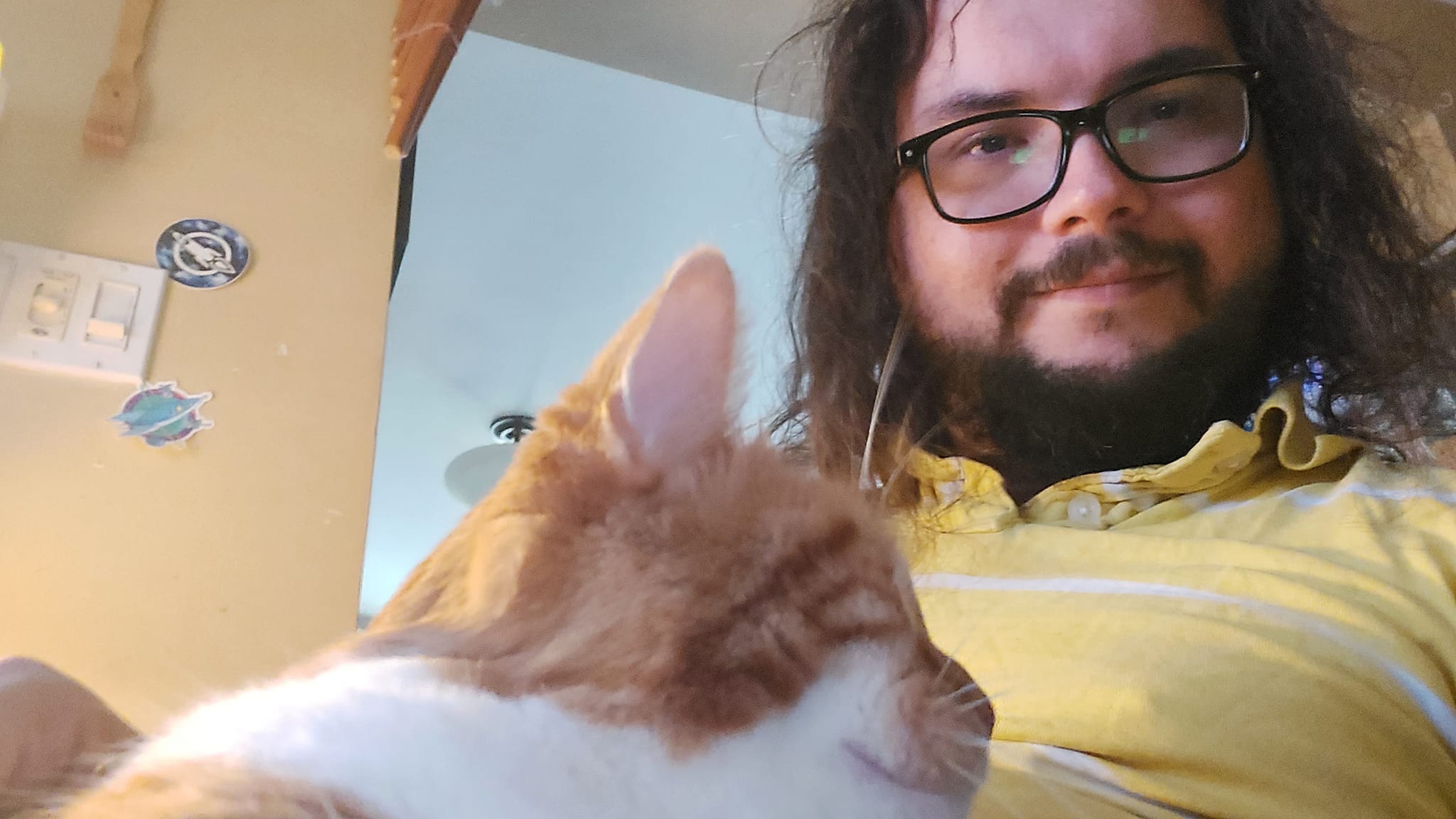 An orange cat is with a man with long dark hair, photo 4